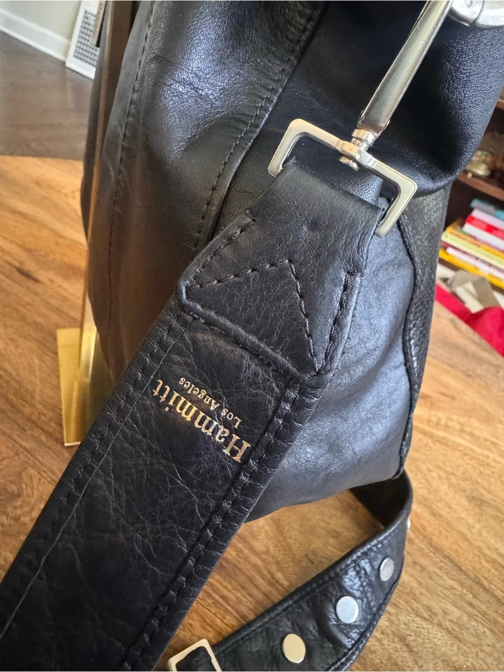 Hammitt Large Daniel Satchel Black Leather Suede Tote Studded Crossbody Silver